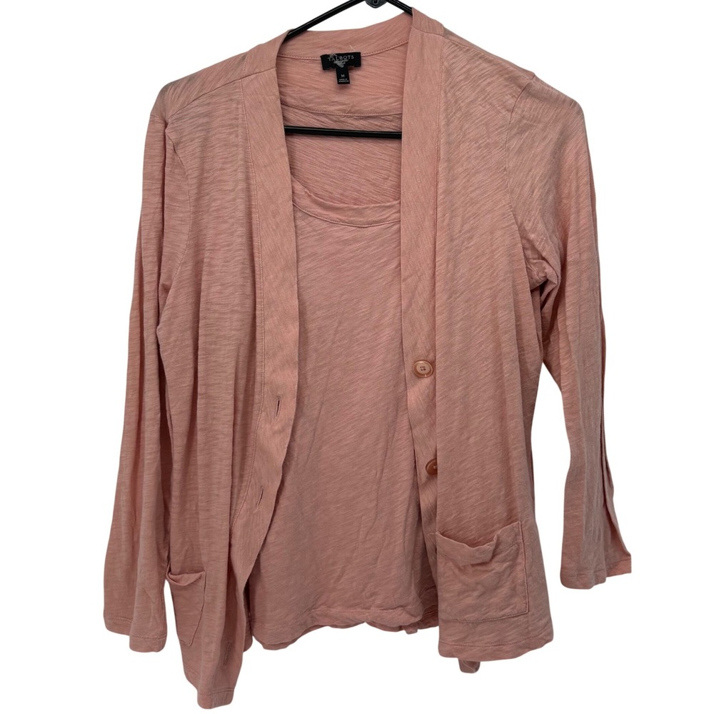 Talbots Pink Cotton Slub Knit Cardigan and Sleeveless Shell Twin Set Size M